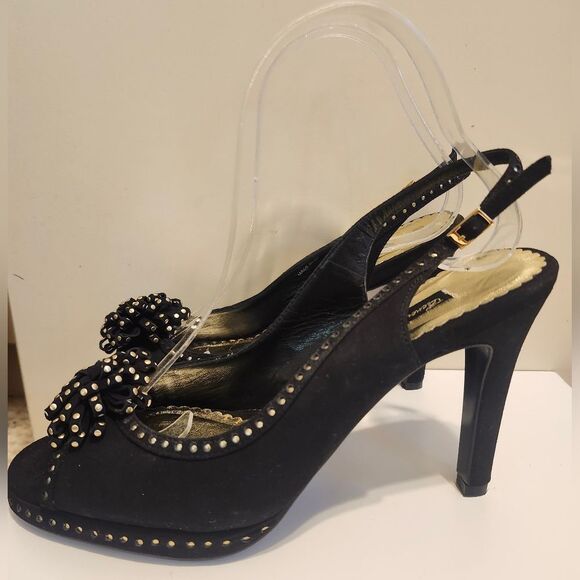 NEW Beverly Feldman Black Suede w/ Gold Studs Peep Toe Slingback Pumps sz.8 $275 - Picture 2 of 11